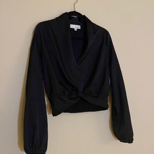 Black smocked waist silky long sleeve blouse medium cropped NWT